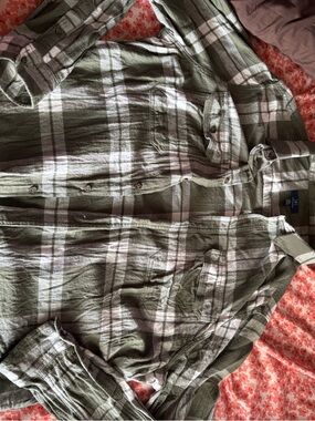 Green and White Plaid Button-Up Shirt